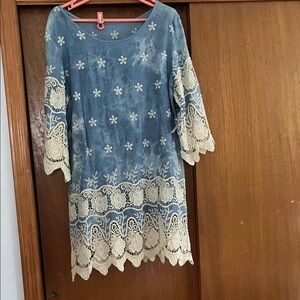 Blue Lace-Trim Tunic Dress sz L